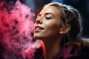 Fototapeta premium Beautiful woman floating in colored smoke. The concept of beautiful photos of a woman in smoke, dust. Generative Ai.