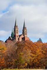 Holy Hill Basilica and National Shrine of Mary surrounded by trees in Washington County, Wisconsin