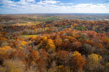 Landscape of hills covered in yellowing trees in autumn under a blue cloudy sky