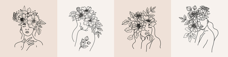 Set of floral woman faces portraits with flowers, leaves bouquets line art sketch. One black line art female heads with floral arrangement. Vector illustration in outline simple style - 631209325