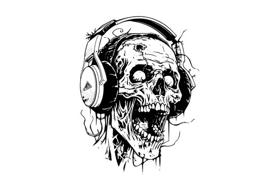 Zombie head on headphones ink sketch. Walking dead hand drawing vector illustration.
