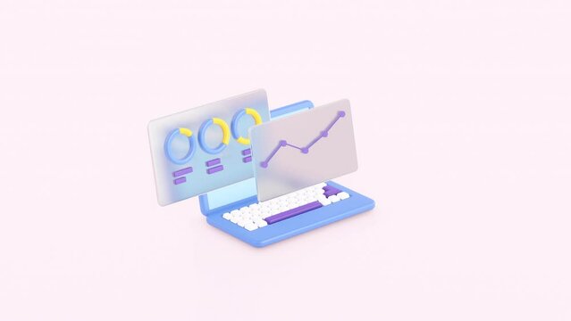 3d animation of laptop and graphics, Financial diagram and charts. Software, web development, programming concept. Abstract graphs and diagrams for business  on screen. Internet page or web interface