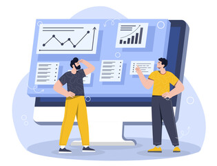 People with infographic concept. Men on background of graphs and charts. Work with statistics and data visualization. Team of analysts conduct market research. Cartoon flat vector illustration