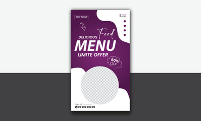 Food instagram story post template design. Suitable for Social Media Post Restaurant and culinary Promotion. Set of Editable sale banners with purple background color with stripe line shape vector.