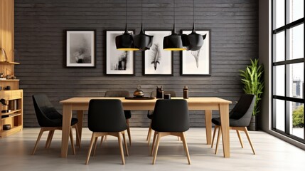 Stylish open space dining room interior in a modern apartment. Wooden table with design chairs, tableware, plant in floor pot, home decor, posters on the wall. Mockup, 3D rendering.