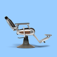 Retro black leather barber chair with chrome inserts right view 3d render on blue background