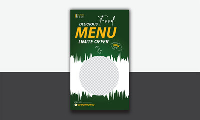 Food instagram story post template design. Suitable for Social Media Post Restaurant and culinary Promotion. Set of Editable sale banners with green background color with stripe line shape vector.