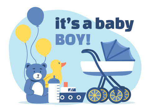 Its baby boy greeting posctard concept. Blue bear toy, rubber duck with balloons and stroller. Baby shower party. Poster or banner for website. Cartoon flat vector illustration