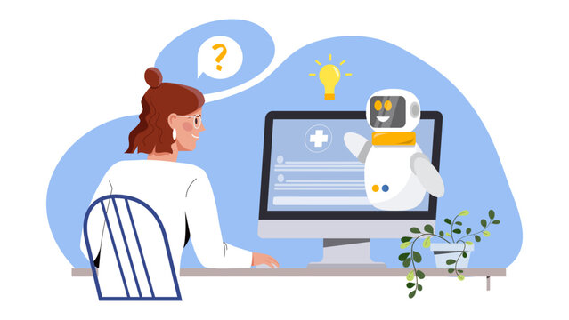 Medical Chat Bot Concept. Artificial Intelligence And Machine Learning. Robot Advises Client, Answers Questions. Diagnosis, Health Care And Treatment. Cartoon Flat Vector Illustration