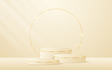 Multi-layered cream podium with elegant golden circle lines on the back for product presentation. Cosmetic product display. Stage or podium. vector illustration
