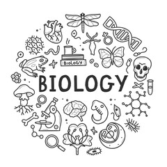Biology doodle set. Collection of black and white hand drawn elements science biology circle shape. Vector illustration isolated on a white background.