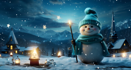Wide horizontal composition of single blue snowman on winter forest background , AI Generated