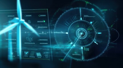 Obraz premium Graphic image of windmill and diagram of energy production and use on the blue background. Sustainable wind energy process. Virtual data technology. Green energy production. Mockup, illustration.