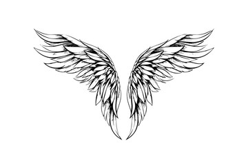 Obraz premium Angel wings ink sketch in engraving style. Hand drawn fenders vector illustration.
