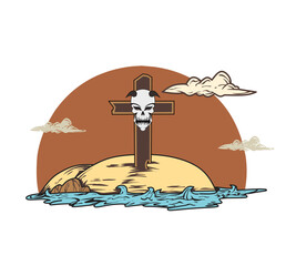 crosses and skull heads, on the beach