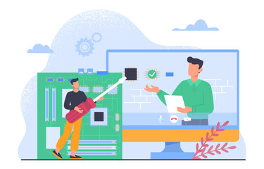 Technical work concept. Man with screwdriver near motherboard or chip. Computer hardware and cpu. Young guy at computer screen. Website technical support. Cartoon flat vector illustration