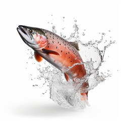 salmon fish with water splashing on white background by Generative AI.