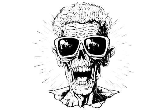 Zombie head on sunglasses or face ink sketch. Walking dead hand drawing vector illustration.