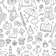 Seamless autumn pattern with cute doodles. Vector illustration background.
