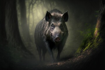 wild boar in the rain  - obrazy, fototapety, plakaty