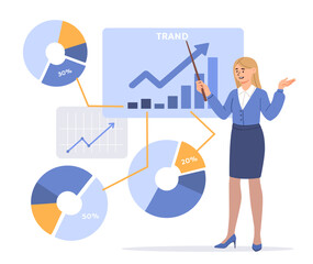 Woman with presentation concept. Infographics and data visualization. Graphs and diagrams, statistics. Analyst doing market research. Trader and investor. Cartoon flat vector illustration