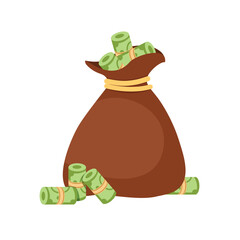 Money bag with dollar bills or banknotes. Money savings. Success concept. Vector illustration in trendy flat style isolated on white background.