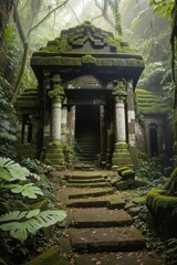 A forgotten temple, its entrance hidden beneath the dense foliage of the rainforest, its walls covered in moss and vines, its secrets waiting to be discovered.
