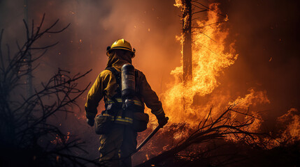 Naklejka premium firefighter amidst a forest fire, wielding a hose to combat the flames. The vastness of the wildfire contrasts with the firefighter's determination