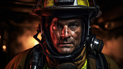 The portrait depicts a firefighter in specialized rescue gear, ready to enter a challenging environment to save lives or animals trapped in perilous situations