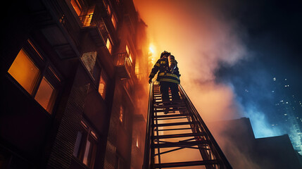 a firefighter is seen confidently ascending a tall ladder to reach a high-rise building. Their focus is unwavering as they prepare to tackle the fire from an elevated position - obrazy, fototapety, plakaty