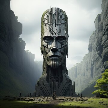 Giant figure of alien as old building. Generative AI
