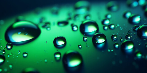 Green drops on blue background. Generative AI.