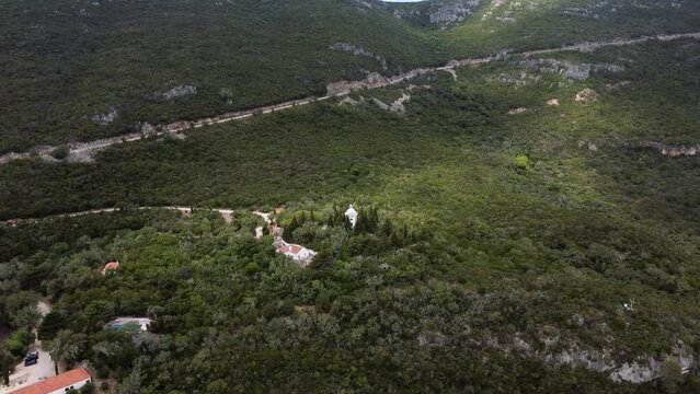 Convent of Our Lady of Arrabida in Arrabida Natural Park, Portinho da Arrabida, Portugal, droen shot view 