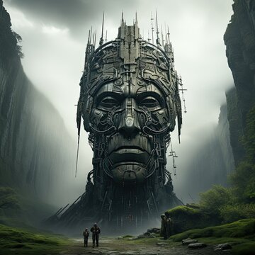 Giant figure of alien as old building. Generative AI