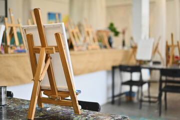 A Canvas setting on an easel in the studio workshop.
