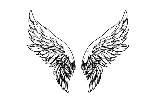 Angel wings ink sketch in engraving style. Hand drawn fenders vector illustration.
