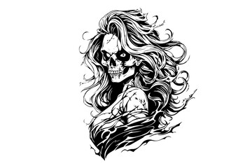 Zombie head or face ink sketch. Walking dead hand drawing vector illustration.
