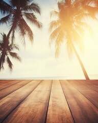 A blurred background of a Thai beach highlights an empty wooden table top. (Generative AI)