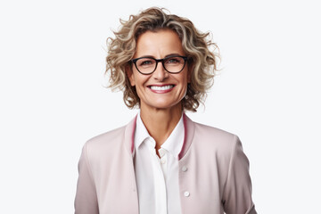 Beautiful businesswoman in glasses, happy smile, cool pose over white background.