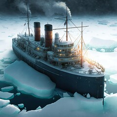  Steam ship stuck in the ice  - obrazy, fototapety, plakaty