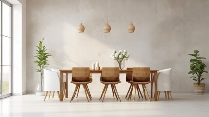 Minimalist composition of loft style dining room interior. Gray concrete walls and floor, wooden table, design chairs, green plants, flowers, pendant lights, panoramic window. Mockup, 3D rendering.