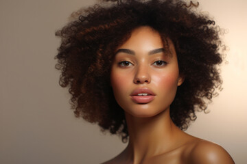 Smiling African American woman, clean healthy skin, beautiful black woman with dreamy look, afro-style curly hair.