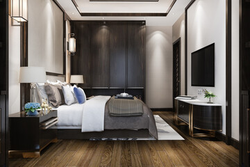 Fototapeta premium 3d rendering luxury modern bedroom suite in hotel with tv and cabinet