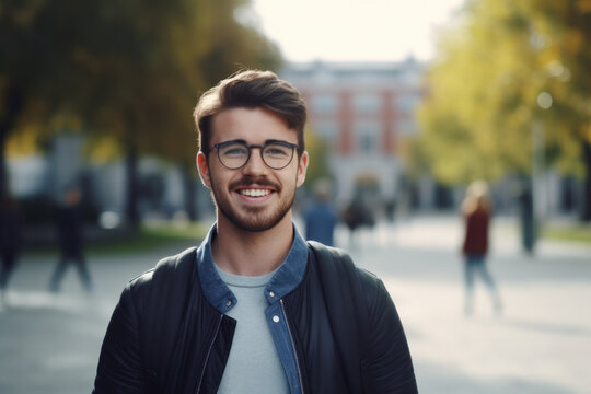 Successful student at university campus, education concept. Smiling Irish man with stylish eyeglasses posing outdoors.