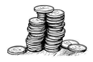 Stack of coins money in engraving style. Hand drawn ink sketch. Vector illustration.