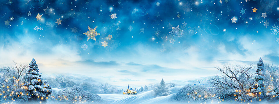 Winter landscape with snowy trees and snowflakes. Christmas background. selective focus. 
