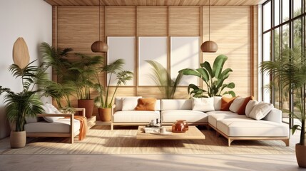 Cozy elegant boho style living room interior in natural colors. Comfortable couch with cushions, many houseplants, wooden coffee table, wicker pendant lights, soft carpet, home decor. 3D rendering.