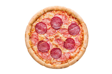 Delicious pizza with salami, ham, mozzarella and tomato sauce, cut out