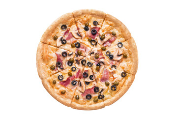 Delicious pizza with bacon, champignon mushrooms, capers and olives, cut out