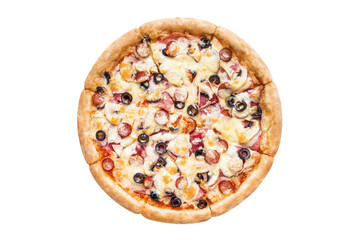 Delicious pizza with salami, ham, sausages, champignon mushrooms, olives, mozzarella and tomato sauce, cut out